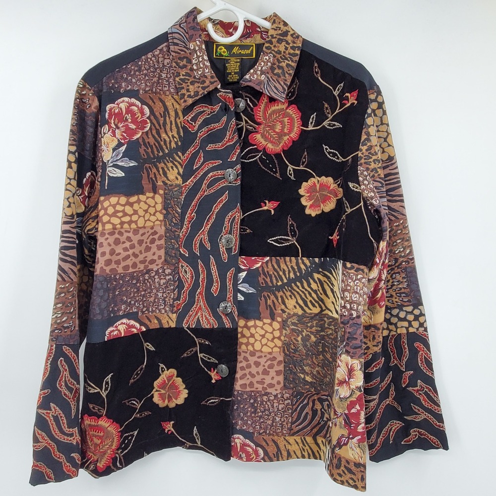 Mirasol Patchwork Animal Print Floral Velvet Embroidered Jacket M Whimsigoth Y2K